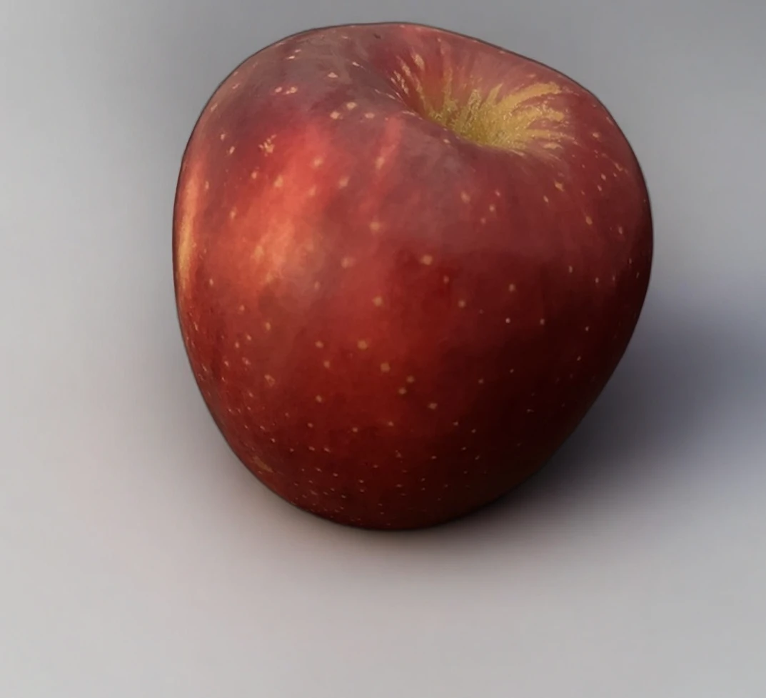 A woman smiling and holding a red apple, representing a typical product photo before being enhanced by AI. (AI)